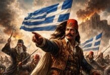 1821: Πώς οι Έλληνες χρησιμοποιούσαν ψυχολογικό πόλεμο χωρίς να τον λένε έτσι Εικαστική σύνθεση εμπνευσμένη από την Επανάσταση του 1821 με Έλληνες αγωνιστές σε σκηνή μάχης, σημαίες και πολεμικό φόντο