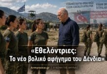 Γυναίκες στον Στρατό: Βαφτίζουν τις αποχωρήσεις «τουρκική επίθεση» στον Δένδια Ο Νίκος Δένδιας μπροστά σε εθελόντριες στρατιωτίνες, ενώ στο φόντο φαίνονται γυναίκες που αποχωρούν και δημοσιεύματα τουρκικών μέσων